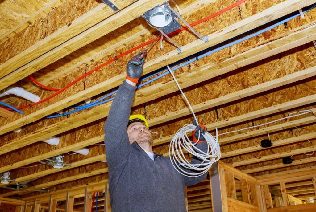 A man holds a wire in a room with exposed beams, showing Coffin Electric’s work.