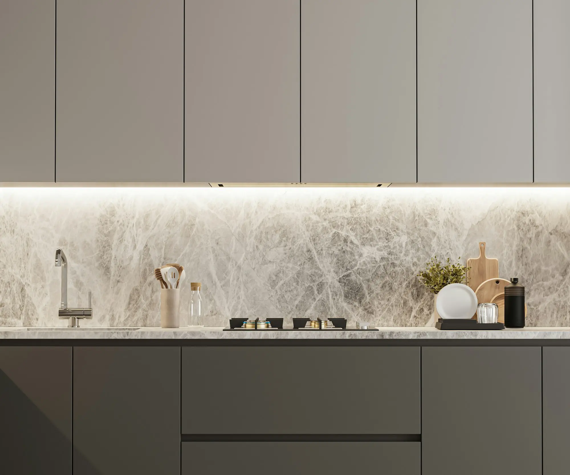 Kitchen cabinets in grey color with lights